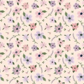 Anemones and lavender - pink and lilac on cream, small scale by Cecca Designs