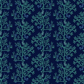 Coral forest in teal and blue on navy