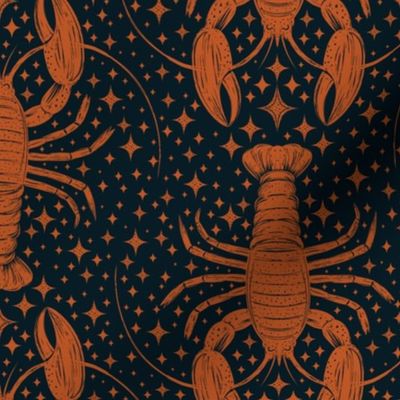 Celestial Lobsters and Stars Orange and Midnight Blue Black Medium