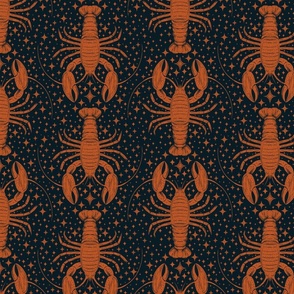 Celestial Lobsters and Stars Orange and Midnight Blue Black Medium