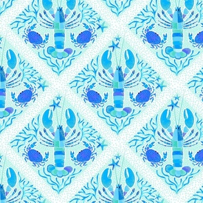 (S) Whimsy Boho Lobsters and Crabs Crustacean Core Summer Lattice Tile • Turquoise Blue