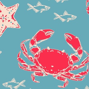 Crabby Crustacean Hand Drawn Sketchy Crabs, Starfish, and Fish - (LARGE) - Hot Pink on Blue