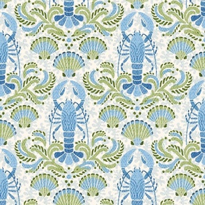 Lobster damask in blue and green - medium scale