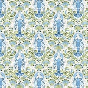 Lobster damask in blue and green -  small scale