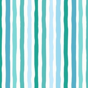 Blue, White and Teal Wavy Hand Drawn Stripes 