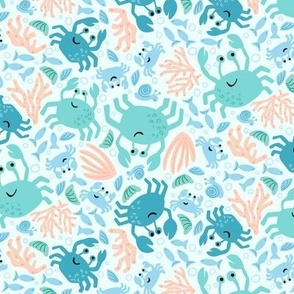 Rock Pool Crabs, Sea Snails, Fish and Shells in Blue, Green, Teal and Peach