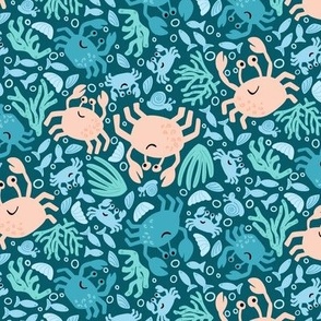 Rock Pool Crabs, Sea Snails, Fish and Shells in Peach, Blue, Green on a Navy Blue Background