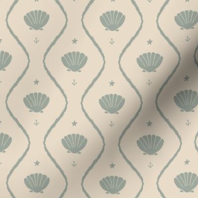 Seashells in the waves (small) in moody earthy sage green on cream - minimalist marine ogee pattern with vintage vibe for classic elegant kids room, coastal chic or grandmillennial interior