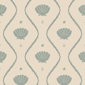 Seashells in the waves (small) in moody earthy sage green on cream - minimalist marine ogee pattern with vintage vibe for classic elegant kids room, coastal chic or grandmillennial interior