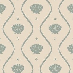 Seashells in the waves (small) in moody earthy sage green on cream - minimalist marine ogee pattern with vintage vibe for classic elegant kids room or grandmillennial interior