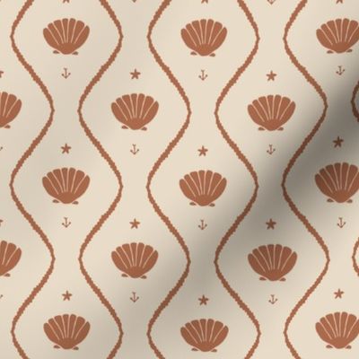 Seashells in the waves (small) in moody earthy rust brown on cream - minimalist marine ogee pattern with vintage vibe for classic elegant kids room or grandmillennial interior
