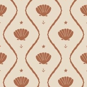 Seashells in the waves (small) in moody earthy rust brown on cream - minimalist marine ogee pattern with vintage vibe for classic elegant kids room, coastal chic or grandmillennial interior