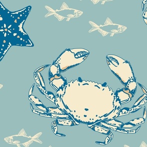 Crabby Crustacean Hand Drawn Sketchy Crabs, Starfish, and Fish - (LARGE) - Cream on Light Blue