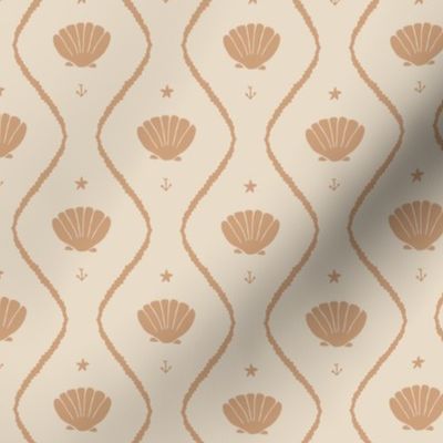 Seashells in the waves (small) in moody earthy salmon pink on cream - minimalist marine ogee pattern with vintage vibe for classic elegant kids room, coastal chic or grandmillennial interior
