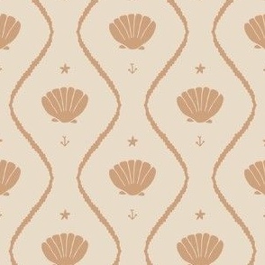 Seashells in the waves (small) in moody earthy salmon pink on cream - minimalist marine ogee pattern with vintage vibe for classic elegant kids room or grandmillennial interior