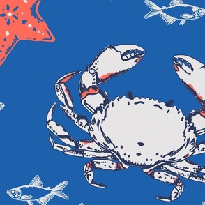 Crabby Crustacean Hand Drawn Sketchy Crabs, Starfish, and Fish - (LARGE) - Pale Gray on Royal Blue