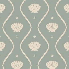 Seashells in the waves (small) in cream on moody earthy sage green - minimalist marine ogee pattern with vintage vibe for classic elegant kids room, coastal chic or grandmillennial interior