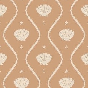 Seashells in the waves (small) in cream on moody earthy salmon pink - minimalist marine ogee pattern with vintage vibe for classic elegant kids room or grandmillennial interior