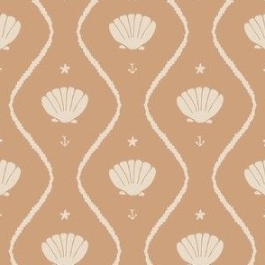 Seashells in the waves (small) in cream on moody earthy salmon pink - minimalist marine ogee pattern with vintage vibe for classic elegant kids room, coastal chic or grandmillennial interior