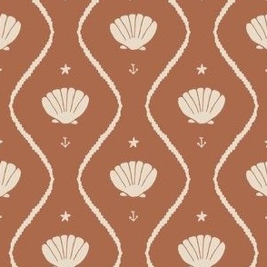 Seashells in the waves (small) in cream on moody earthy rust brown - minimalist marine ogee pattern with vintage vibe for classic elegant kids room or grandmillennial interior