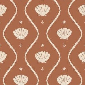 Seashells in the waves (small) in cream on moody earthy rust brown - minimalist marine ogee pattern with vintage vibe for classic elegant kids room, coastal chic or grandmillennial interior