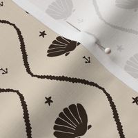 Seashells in the waves (small) in moody earthy dark brown on cream - minimalist marine ogee pattern with vintage vibe for classic elegant kids room, coastal chic or grandmillennial interior