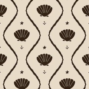 Seashells in the waves (small) in moody earthy dark brown on cream - minimalist marine ogee pattern with vintage vibe for classic elegant kids room, coastal chic or grandmillennial interior