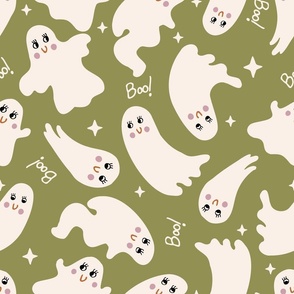 Cute Halloween Ghost tossed in off-white on olive green for quilting and kids - Large Scale