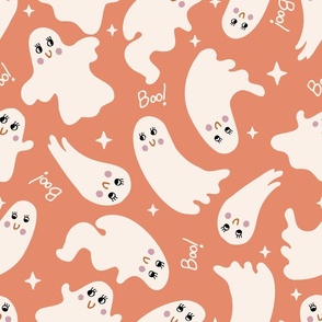 Cute Halloween Ghost tossed in off-white on peach for quilting and kids - Large Scale