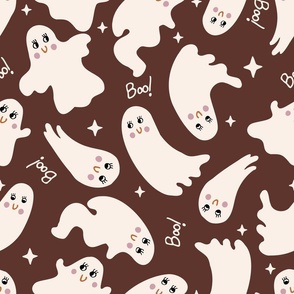 Cute Halloween Ghost tossed in off-white on chocolate brown for quilting and kids - Large Scale