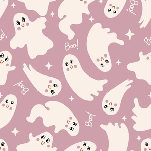 Cute Halloween Ghost tossed in off-white on lilac for quilting and kids - Large Scale