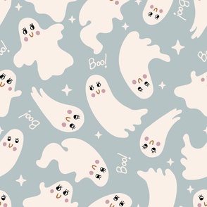 Cute Halloween Ghost tossed in off-white on light blue for quilting and kids - Large Scale