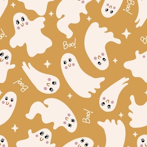 Cute Halloween Ghost tossed in off-white on mustard yellow for quilting and kids - Large Scale