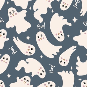 Cute Halloween Ghost tossed in off-white on dark gray for quilting and kids - Large Scale