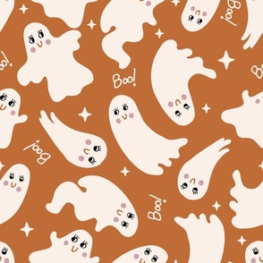Cute Halloween Ghost tossed in off-white on burnt orange for quilting and kids - Large Scale