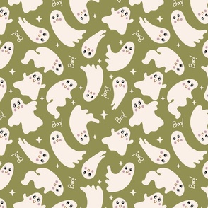 Cute Halloween Ghost tossed in off-white on olive green for quilting and kids - Medium Scale