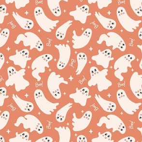 Cute Halloween Ghost tossed in off-white on peach for quilting and kids - Medium Scale