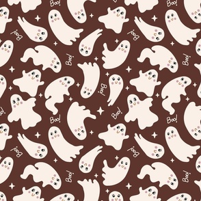 Cute Halloween Ghost tossed in off-white on chocolate brown for quilting and kids - Medium Scale