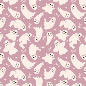 Cute Halloween Ghost tossed in off-white on lilac for quilting and kids - Medium Scale