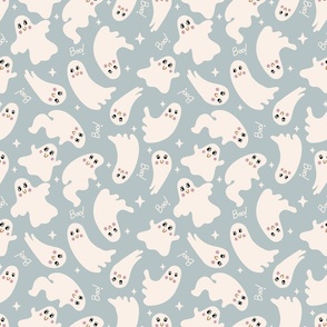 Cute Halloween Ghost tossed in off-white on lilac for quilting and kids - Medium Scale