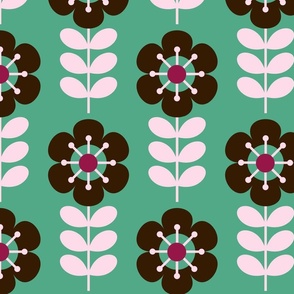 Geometric flowers - Brown, off white, bordeaux and green background