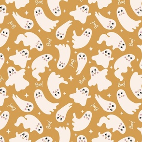 Cute Halloween Ghost tossed in off-white on mustard yellow for quilting and kids - Medium Scale