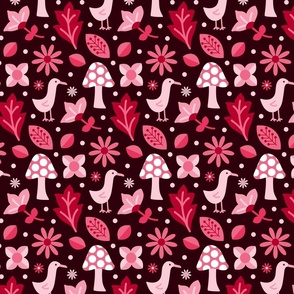 Leaves flowers and mushrooms - Monochromatic pink - deep pink background