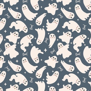 Cute Halloween Ghost tossed in off-white on dark gray for quilting and kids - Medium Scale