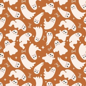 Cute Halloween Ghost tossed in off-white on burnt orange for quilting and kids - Medium Scale