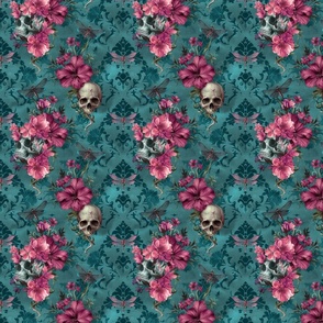 Brocade Skulls With Pink Flowers