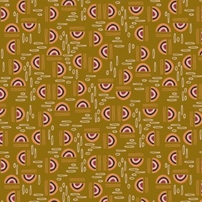 Retro style (S) rainbows, lines and freehand ovals in different directions - coral orange, violet, black, beige on mustard green