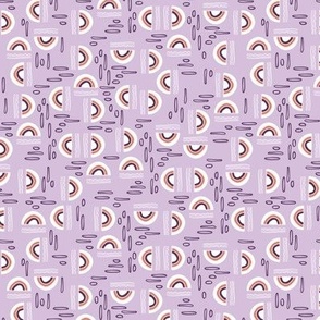 Retro style (S) rainbows, lines and freehand ovals in different directions - white, violet, orange on lilac