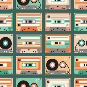 Vintage cassettes - retro music party  - green and pink  - dark green background - small scale
