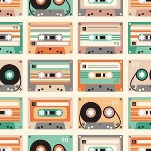 Vintage cassettes - retro music party  - green and pink  - light background - small scale